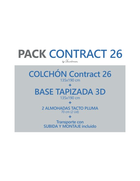Pack ahorro Colchón Contract 26 + base + almohadas 135x190 cm